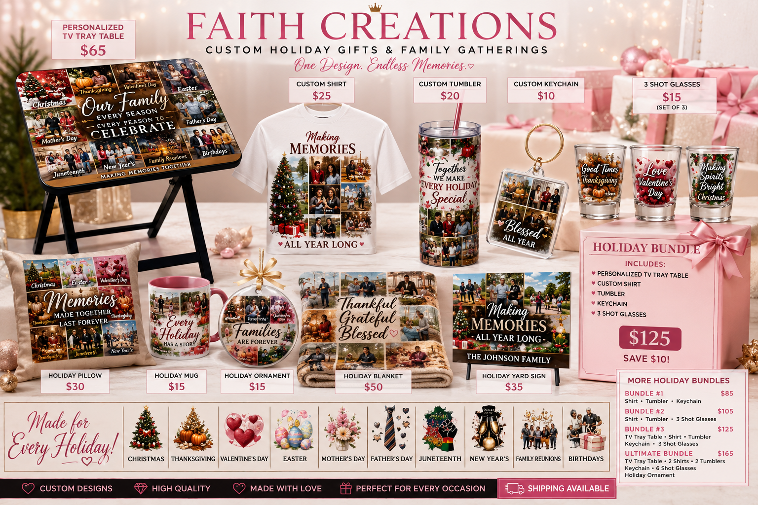 Faith Creations Holiday Collection — TV tray, shirts, tumblers, keychain, shot glasses, pillow, mug, ornament, blanket, yard sign and holiday bundles