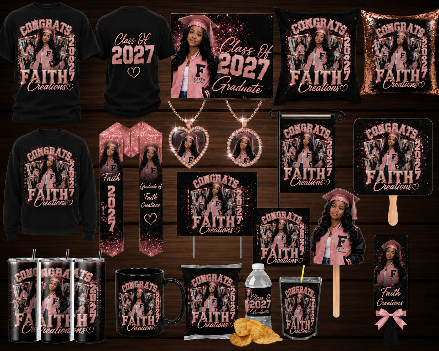 Class of 2027 Faith Creations graduation collection — shirts, hoodies, tumblers, jewelry, mugs and more