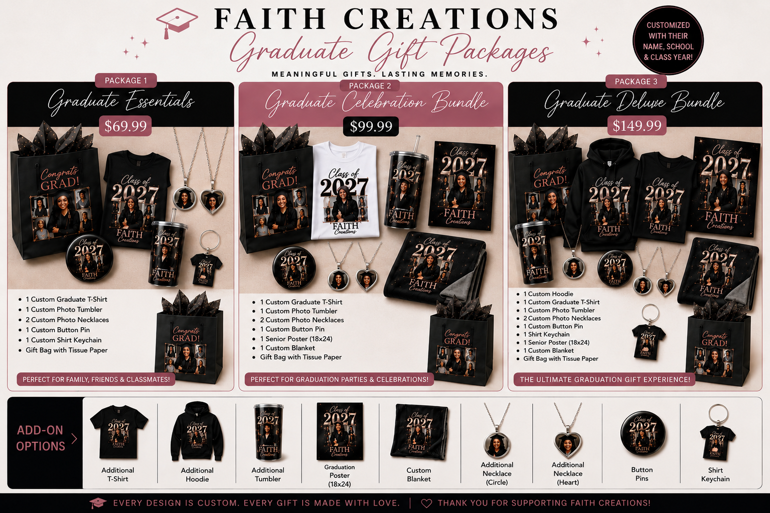 Faith Creations graduate gift packages — essentials, celebration, and deluxe bundles with add-on options